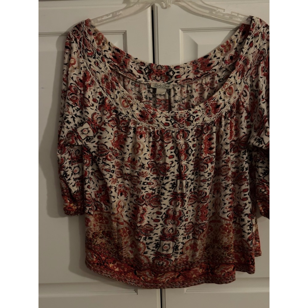 Lucky Brand Live in Love Red Paisley Floral Embroidered Peasant Top Large